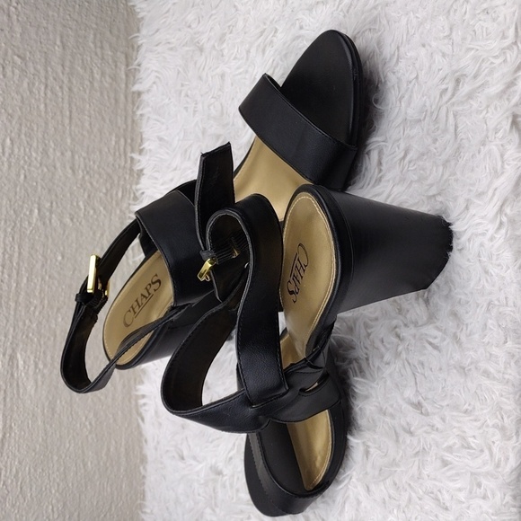 Chaps Black Faux Leather Almond Open Toe High Blocked Heel Slingback Sandal - Picture 15 of 15